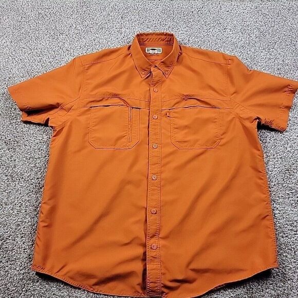 Duluth Trading Shirt Mens XL Orange Button Up Hiking Fish Vented Short Sl Marks* - Picture 1 of 6